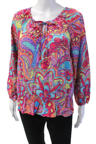 Lily Pulitzer Women Tunic Blouse Blue Paisley Silk Long Sleeve Size XS