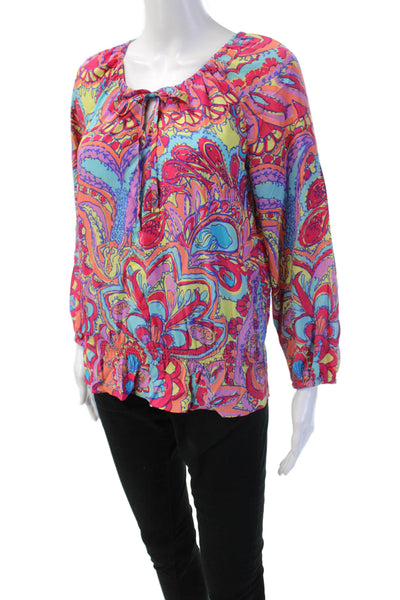 Lily Pulitzer Women Tunic Blouse Blue Paisley Silk Long Sleeve Size XS