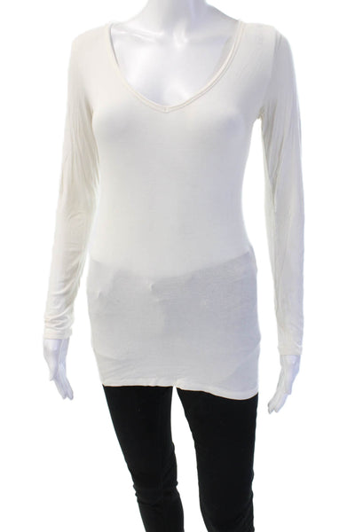 Majestic Paris Women Basic White V-Neck Long Sleeve T-Shirt Size 1