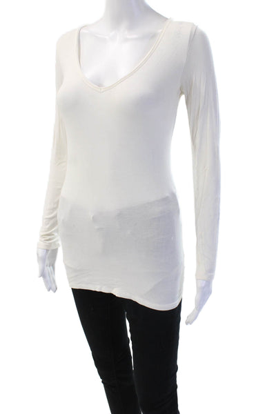 Majestic Paris Women Basic White V-Neck Long Sleeve T-Shirt Size 1