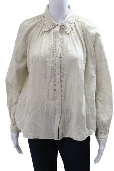 Ba&Sh Women Bohemian Collared Button-Up Cotton Blouse Beige Long Sleeve Size XS