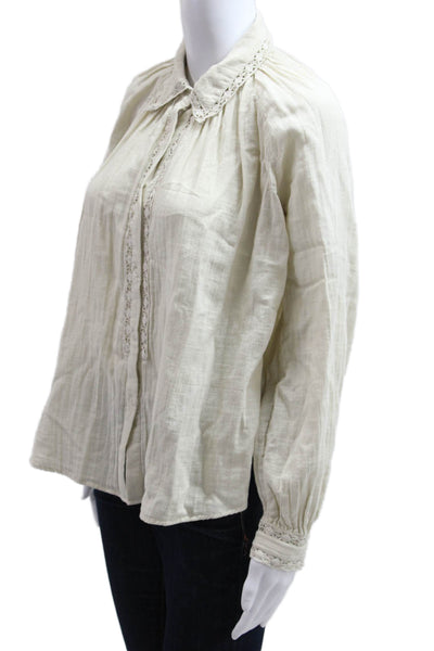Ba&Sh Women Bohemian Collared Button-Up Cotton Blouse Beige Long Sleeve Size XS