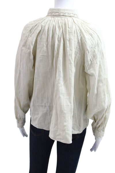 Ba&Sh Women Bohemian Collared Button-Up Cotton Blouse Beige Long Sleeve Size XS