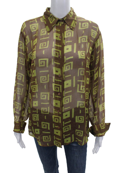 Chanon Women Collared Geometric Silk Blouse Long Sleeve Brown 90s Size M