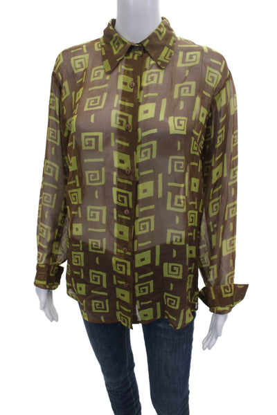 Chanon Women Collared Geometric Silk Blouse Long Sleeve Brown 90s Size M