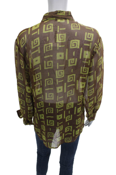 Chanon Women Collared Geometric Silk Blouse Long Sleeve Brown 90s Size M