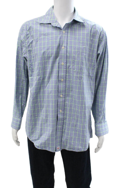 Vineyard Vines Mens Button Up Collared Plaid Burgee Shirt Blue White Green Large