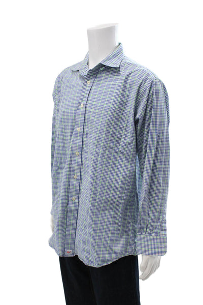 Vineyard Vines Mens Button Up Collared Plaid Burgee Shirt Blue White Green Large