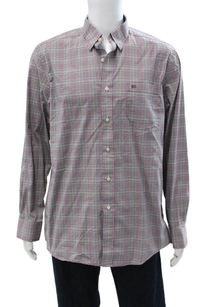 Southern Tide Mens Button Front Collared Plaid Shirt Black Red White Large
