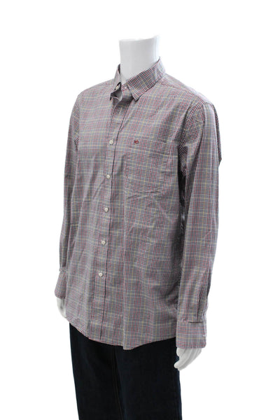Southern Tide Mens Button Front Collared Plaid Shirt Black Red White Large