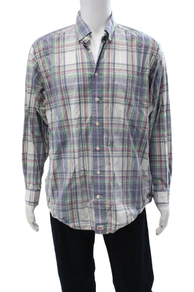 Vineyard Vines Mens Button Front Collared Plaid Shirt White Blue Green Large