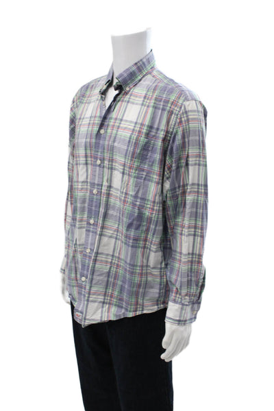 Vineyard Vines Mens Button Front Collared Plaid Shirt White Blue Green Large