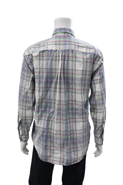 Vineyard Vines Mens Button Front Collared Plaid Shirt White Blue Green Large