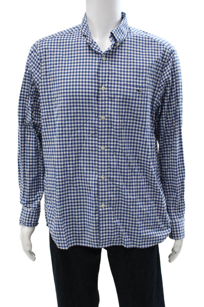 Vineyard Vines Mens Button Front Collared Gingham Shirt Blue White Size Large