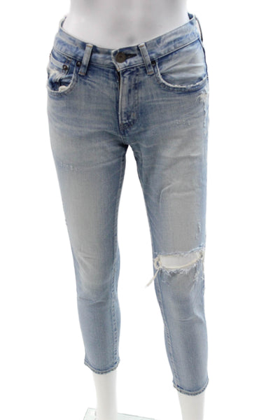 Moussy Women Ankle Cropped Skinny Jeans Light Blue Low Rise Button Size 24