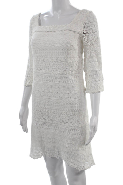 Shoshanna Women Shift Dress White Square Neck 3/4 Sleeve Knee Length Size 0