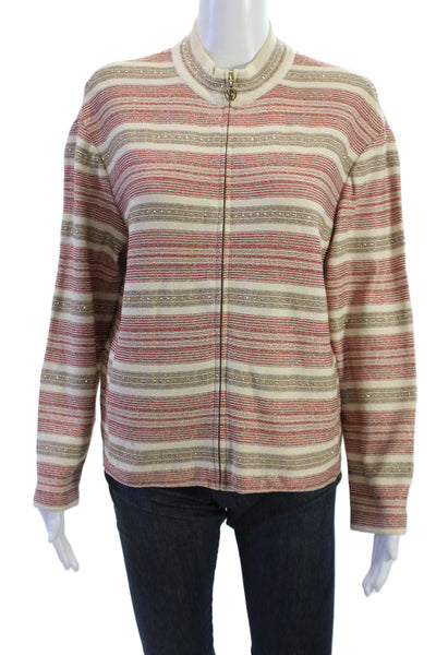 St John Sport By Marie Gray Women Beige Striped Jacket Crewneck Size M