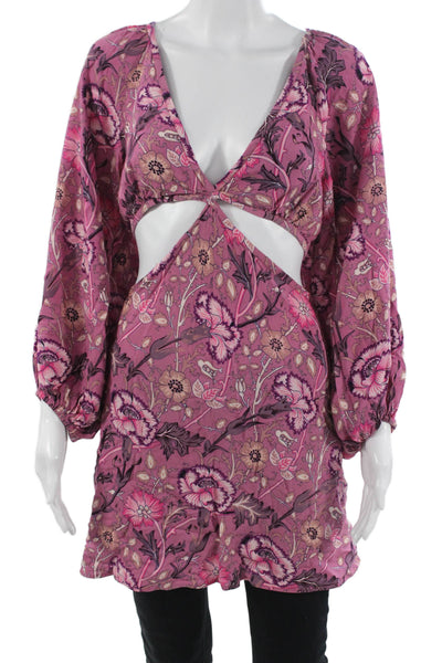 Jens Pirate Booty Women Pink Floral V-Neck Long Sleeve Bohemian Dress Size S