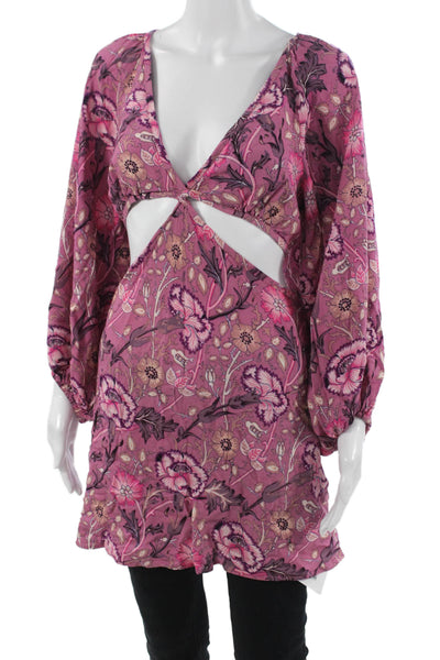 Jens Pirate Booty Women Pink Floral V-Neck Long Sleeve Bohemian Dress Size S