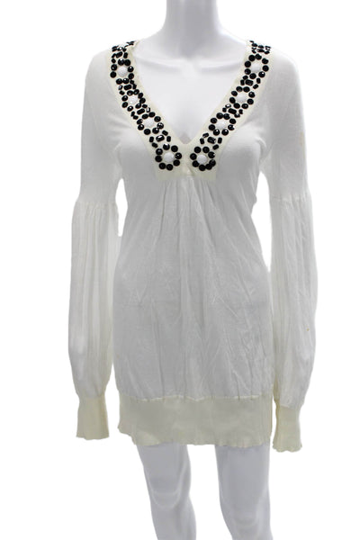 Escada Sport Women Tunic V-Neck 100% Cashmere Long Sleeve White Size L