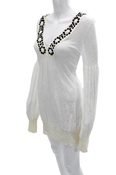 Escada Sport Women Tunic V-Neck 100% Cashmere Long Sleeve White Size L