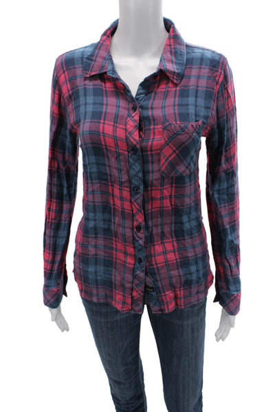 Rails Women Plaid Collared Button Up Shirt Dark Blue Long Sleeve Size S