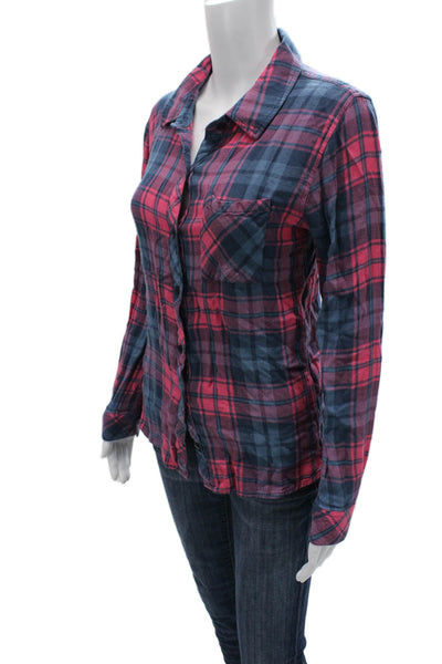 Rails Women Plaid Collared Button Up Shirt Dark Blue Long Sleeve Size S