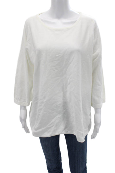 Amina Rubinacci Women Basic White Cotton Round Neck 3/4 Sleeve Top Size L