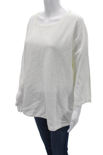 Amina Rubinacci Women Basic White Cotton Round Neck 3/4 Sleeve Top Size L