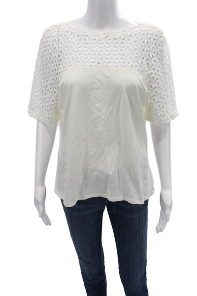 Anne Fontaine Women White Geometric Cotton Crew Short Sleeve Blouse Size 46