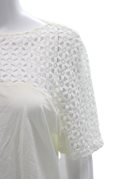 Anne Fontaine Women White Geometric Cotton Crew Short Sleeve Blouse Size 46