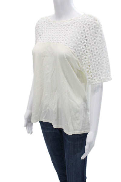 Anne Fontaine Women White Geometric Cotton Crew Short Sleeve Blouse Size 46