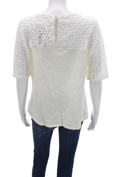 Anne Fontaine Women White Geometric Cotton Crew Short Sleeve Blouse Size 46