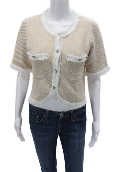 Urban Revivo Womens Cropped Striped Beige Button-Up Short Sleeve Size 2 Petite