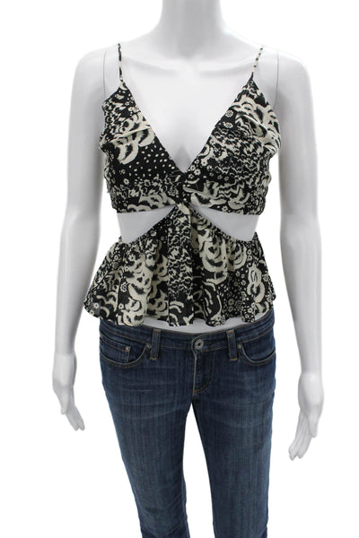 Zara Women Cropped Floral Spaghetti Strap V Neck Black Top Size XS