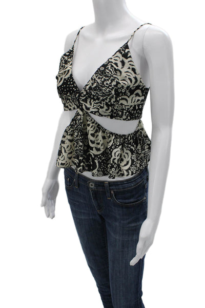 Zara Women Cropped Floral Spaghetti Strap V Neck Black Top Size XS