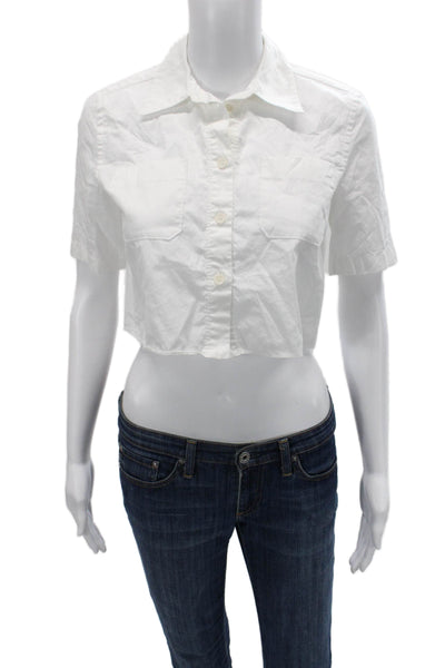 Zara Women Cropped Basic Collared Button Up Top White Short Sleeve Size XS