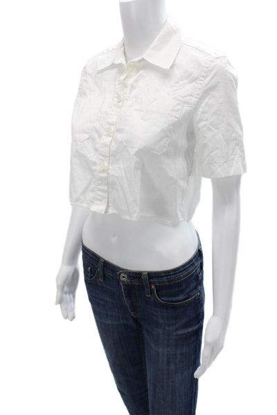Zara Women Cropped Basic Collared Button Up Top White Short Sleeve Size XS