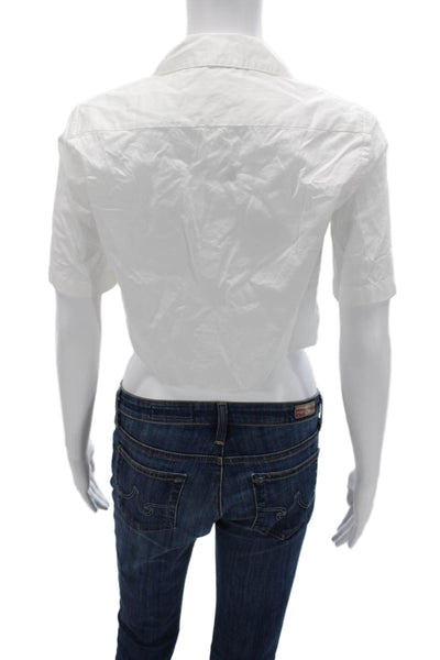 Zara Women Cropped Basic Collared Button Up Top White Short Sleeve Size XS