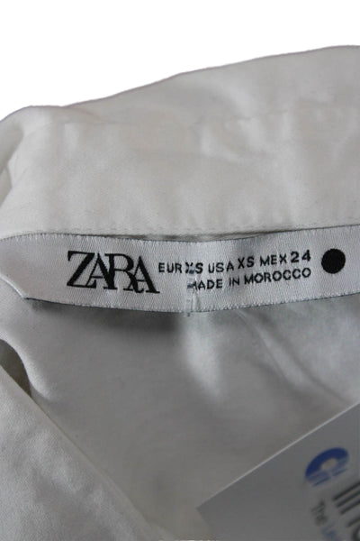 Zara Women Cropped Basic Collared Button Up Top White Short Sleeve Size XS