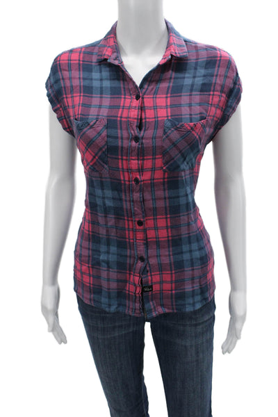 Rails Women Button-Up Plaid Dark Blue Rayon Collared Long Sleeve Petite Size XS