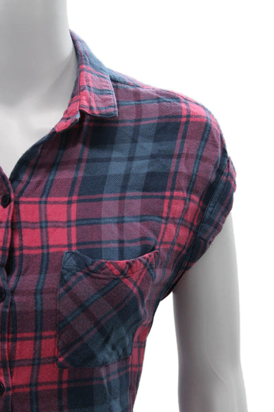 Rails Women Button-Up Plaid Dark Blue Rayon Collared Long Sleeve Petite Size XS