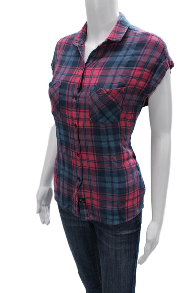 Rails Women Button-Up Plaid Dark Blue Rayon Collared Long Sleeve Petite Size XS