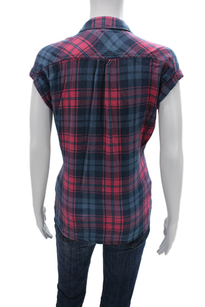 Rails Women Button-Up Plaid Dark Blue Rayon Collared Long Sleeve Petite Size XS