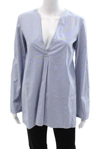 Theory Womens Tunic Blouse Blue Striped V-Neck Long Sleeve Size PP