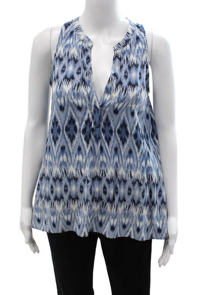 Joie Women Blue Silk V-Neck Geometric Sleeveless Tunic Blouse Size XS