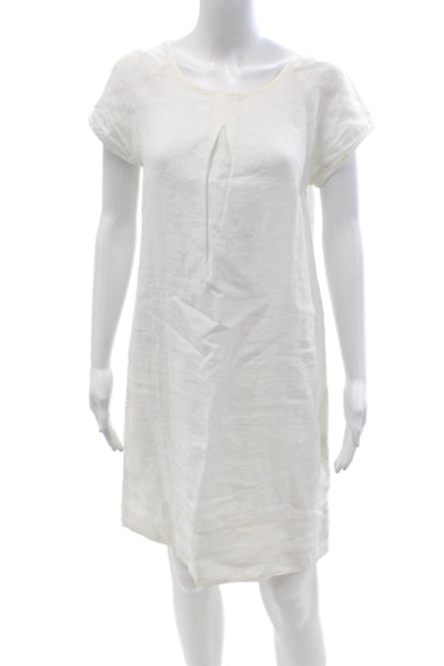 Vladim Women Shift Linen Dress White Round Neck Short Sleeve Size 42