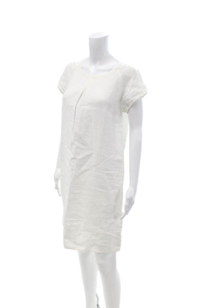 Vladim Women Shift Linen Dress White Round Neck Short Sleeve Size 42