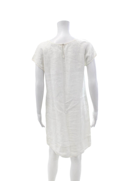 Vladim Women Shift Linen Dress White Round Neck Short Sleeve Size 42
