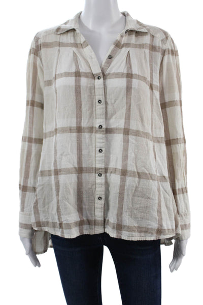 Free People Women Bohemian Plaid Tunic Button Up Beige Long Sleeve Size XS
